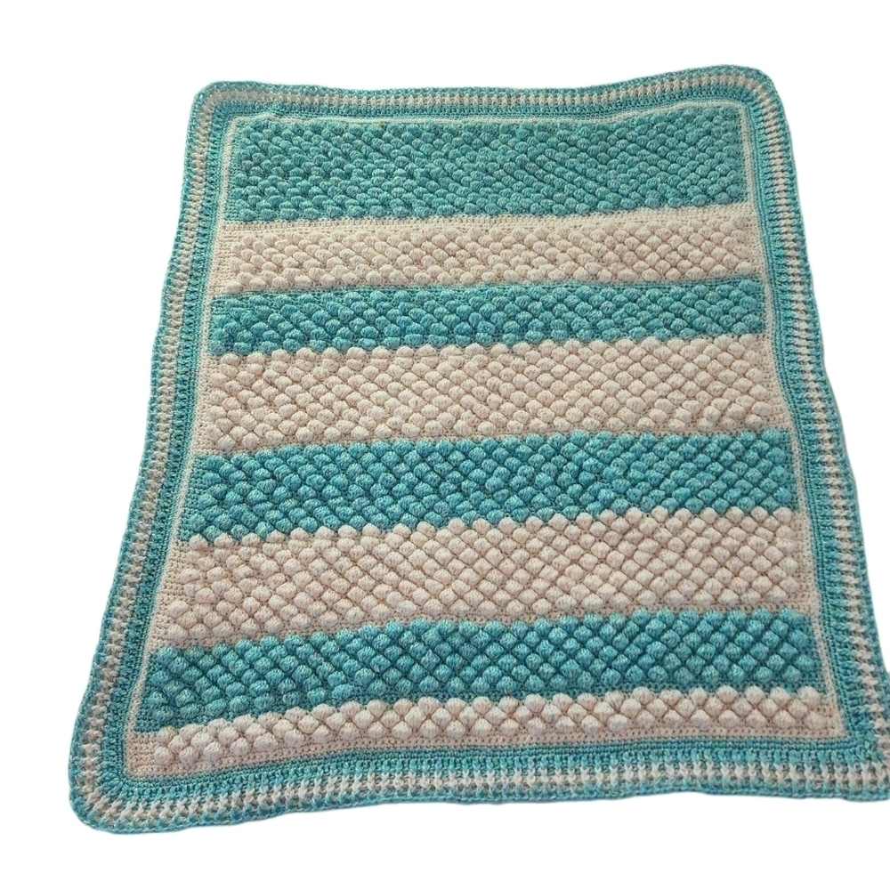 Crochet Handmade Popcorn Stitch Teal & Cream Baby Blanket New